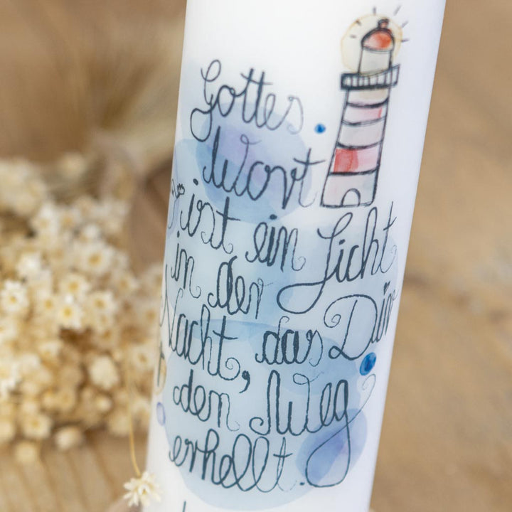 Taufkerze Leuchtturm mit dem Spruch Licht der Welt