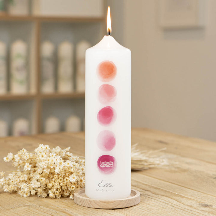 Taufkerze modern Ella mit Symbol Wasser in Rosa