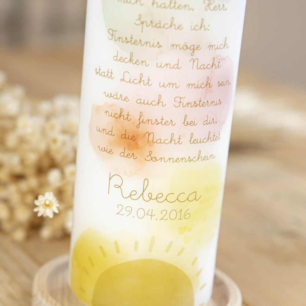 Taufkerze Sonne und Taufspruch 