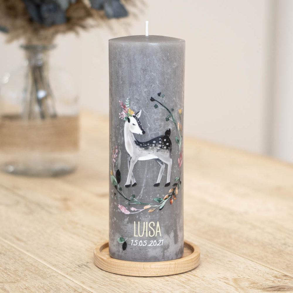 Taufkerze Reh in Rustic Grau