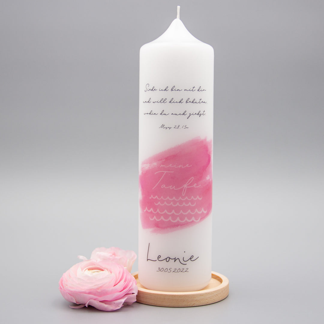 Taufkerze rosa - Leonie mit Kerzenhalter aus Holz